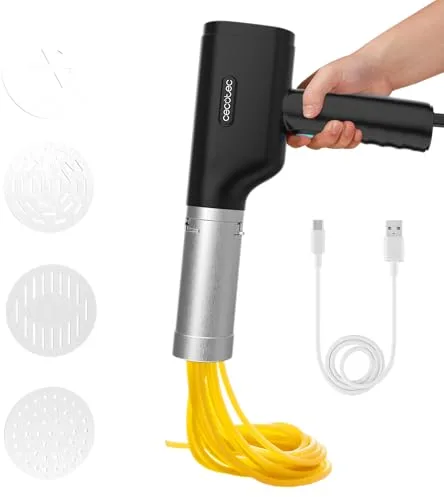 Cecotec Máquina para hacer Pasta y Churros Inalámbrica Fun EasyPasta. 40W, Capacidad 200gr, 3 Discos Incluidos, Prepara Fideos o Noodles, Spaghettis y Tallarines, 50 Usos por Carga de Batería