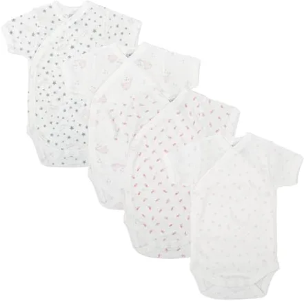 BABIDU Pack 4 Bodys Bebé Cruzado Manga Corta Algodón 100% Suave Transpirable, Ropa Primera Puesta Niño y Niña Unisex, Body Recién Nacido Ideal para Piel Sensible y Uso Diario