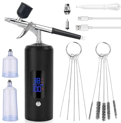 Juego de Aerógrafo Inalámbrico, Kit Aerografo con Compresor, Pistola de Aerografo Portátil con Pantalla LED, Kit de Aerógrafo de Mano Recargable, para Maquillaje, Pintura, Uñas, Arte, Tatuaje
