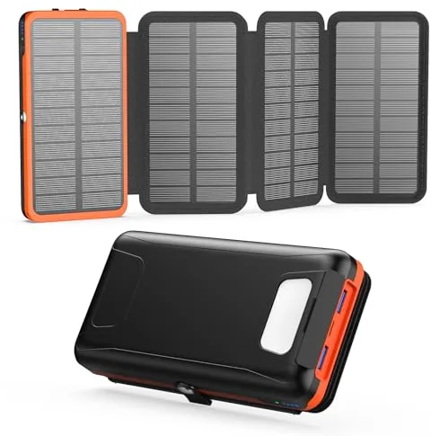 Cargador Solar 20000 mAh - A ADDTOP Batería Externa Solar Carga rápida 3 Salidas con 4 Paneles solares Plegables Cargador portátil para teléfonos móviles, tabletas Naranja