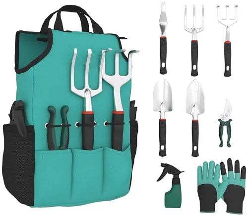 Outsunny Juego de Herramientas para Jardín de 9 Piezas Robusta Juego de Herramientas Jardinería de Aluminio con Tijeras de Podar con Bloqueo Seguro y Bolsa de Jardín Ligera para Mujeres y Hombres