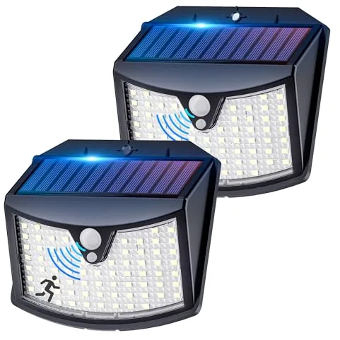 Giliwosy Luz Solar Exterior, 2 Paquete/3 Modos IP65 Impermeable Focos LED Exterior Solares con Sensor de Movimiento, Luces Solares LED Jardin para Garajes Caminos Puertas (Blanco Frío)