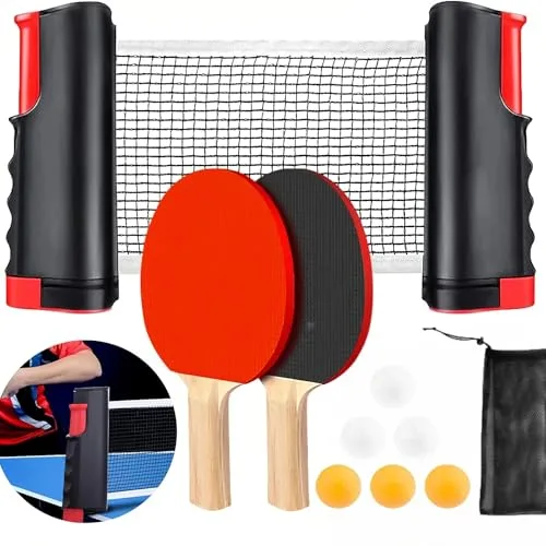 Set de Raquetas de Ping Pong con Función Telescópica,Set de Ping Pong Portátil,Incluye 2 Raquetas,6 Pelotas,Red Retráctil y Bolsa Transporte,Ideal para Juegos en Interiores y Exteriores