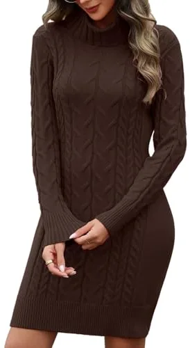 heekpek Vestido Punto Mujer Invierno Manga Larga Cuello Alto Vestidos de Mujer Elegantes Vestido Otoño Ajustado Vestidos Jersey, Marrón, L