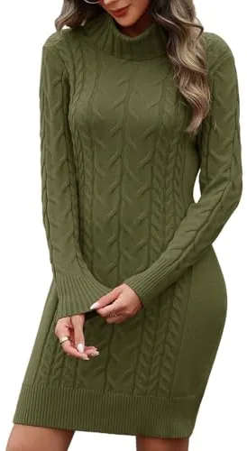 heekpek Vestido Punto Mujer Invierno Manga Larga Cuello Alto Vestidos de Mujer Elegantes Vestido Otoño Ajustado Vestidos Jersey, Verde Militar, S