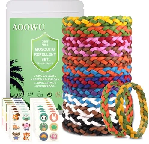 AOOWU Pulseras Repelentes de Mosquitos, 12 PCAK Ajustables Cuero Pulseras con 72 PCS Parches de Citronela Antimosquitos, Repelente de Insectos Natural Acción Hasta 120H Dibujos Bebés, Niños y Adultos