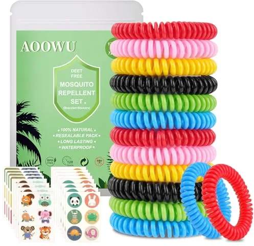 AOOWU Pulseras Repelentes de Mosquitos, 12 PCAK Ajustables EVA Pulseras con 72 PCS Parches de Citronela Antimosquitos, Repelente de Insectos Natural Acción Hasta 120H Dibujos Bebés, Niños y Adultos