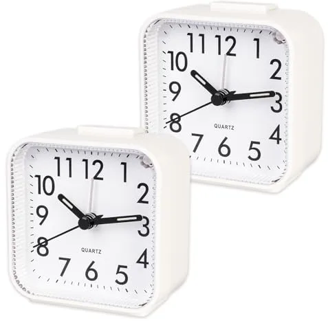 CIMOYBAI 2 Piezas Despertador Analógico Sin Tictac, Despertador Blanco con Luz, Función Snooze, Portátil, Luminoso, Silencioso Pequeño Despertador de Viaje para Dormilones Profundos