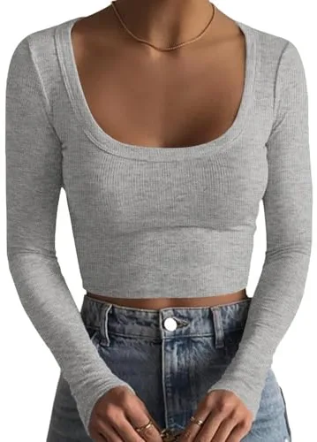 DUOEASE Top Mujer Acanalado Elegant Camiseta Manga Larga Mujer Cuello u Sólido Crop Top Otoño Gris-S