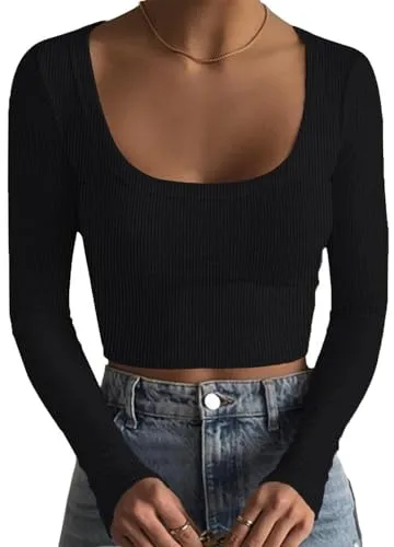 DUOEASE Top Mujer Acanalado Elegant Camiseta Manga Larga Mujer Cuello u Sólido Crop Top Otoño Negro-S