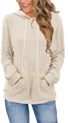 DUOEASE Top Mujer con Capucha Casual Elegantes Sudaderas Mujer con Bolsillo Manga Larga Otono Invierno Sudadera（Albaricoque L）