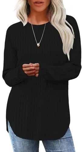 DUOEASE Jersey Mujer Invierno Otoño Cuello Crew Jerséis Elegante Color Sólido Top Mujer Manga Larga (Negro,XL)