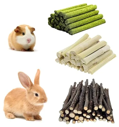 Rynvarl 300g - Juguetes para masticar roedores - Dulce Bambúo, Madera de Manzano, Heno de Timoteo - Palitos de Dentición Rica en Fibras para Conejos, Conejillos de Indias, Hamsters, Chinchillas