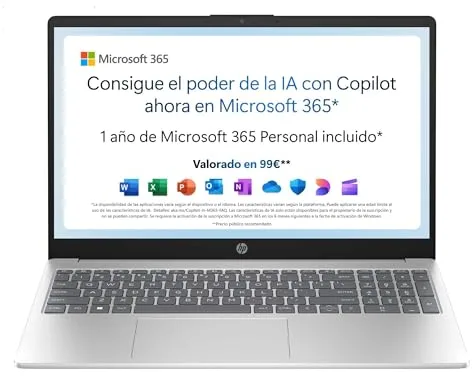 HP 15-fd0261ns - Ordenador portátil de 15.6" FHD (Intel N100, 4GB RAM, 128GB UFS, Intel UHD, Windows 11) Plata - Teclado QWERTY Español - Incluye Microsoft 365 Personal 12 Meses