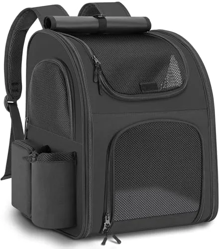 Mochila para Gatos Perros, Mochila Transportin Gato Perro 10kg, Ventanas de Malla Transpirable Bolso para Perros Pequeños Gatos Mascotas con Correa de Seguridad y Alfombra para Mascotas - Negro