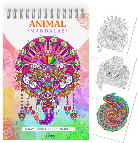 Finoly Libro Mandalas Colorear Adultos No Traspasa la Tinta | Cuaderno Mandalas Adultos | Mandala para Colorear Adulto Animales A4 Papel Premium | Encuadernación Espiral