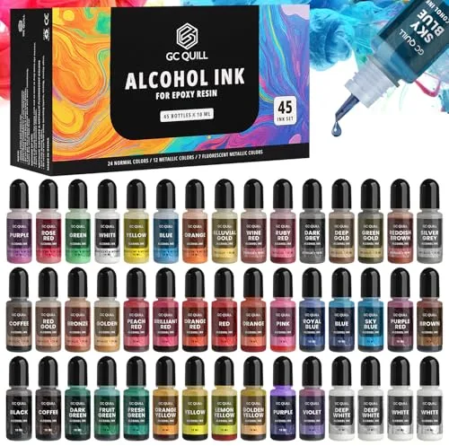 GC QUILL pigmentos para resina epoxi – 43 Colores (12 Metálicos, 7 Fluorescentes, 24 Normales) – 45 Botellas Tinta para Moldes Resina Epoxi, Manualidades, Resin Art, Epoxi GC-AK45