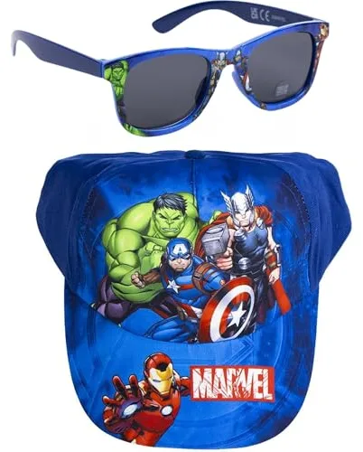 Gorra y Gafas de Sol Marvel Set Infantil Original para Niñ@s Unisex - Gorra y Gafas Avengers Accesorios Verano Gafas Protección UV y Gorra Ajustable