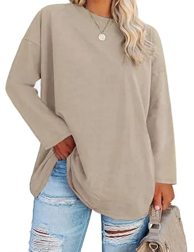 Fisoew Camiseta de Manga Larga para Mujer, Tallas Grandes, Cuello Redondo, túnica básica, Tops., Caqui, 4XL Grande