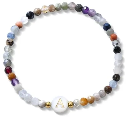 BodyBonita Pulsera Elástica con Inicial de Piedra Natural y Cuentas de Nácar Sintético con Letras de la A para Hombre y Mujer