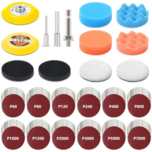 Kit de pulido para taladro de 133 piezas, disco de lija para restauración de faros de 75mm, papel de lija húmedo/seco, almohadillas de pulido con gancho y bucle y herramientas rotativas para coche