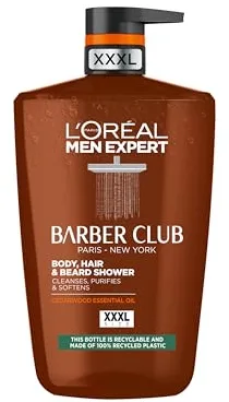 L'Oréal Men Expert gel de ducha Barber Club formulado con aceite de madera de cedro para proporcionar una limpieza, nutrición e hidratación de barba, piel y pelo