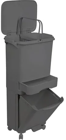 Papelera de reciclaje de clasificación selectiva con pedal, ruedas y asa de triple compartimento de 42L (24L + 4L + 14L) gris antracita