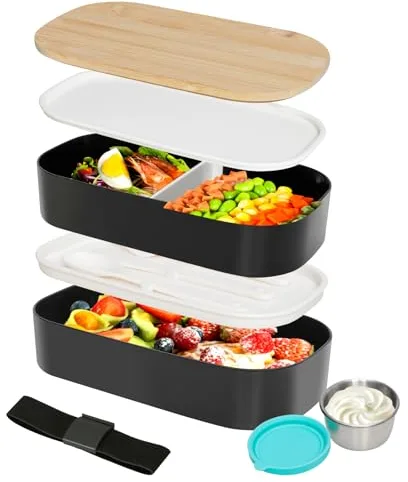 VINATO Fiambrera Comida Trabajo 1400ml con 2 Niveles - Loncheras de Trabajo con Compartimentos - Lunch Box con Cubiertos y BPA Free - Fiambrera Doble Capa para Oficina/Escuela