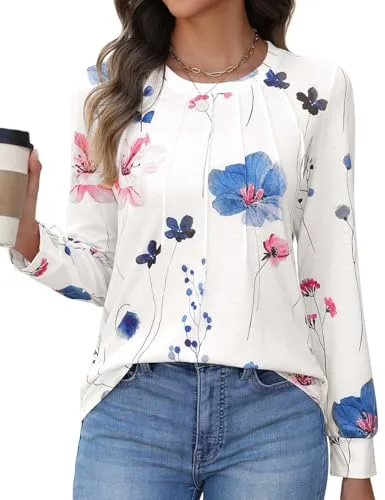 heekpek Camiseta Manga Larga Mujer Blusa Elegantes Tops Cuello Redondo Plisada Estampado Tshirt Camisetas Basicas de Manga Larga Primavera Verano Otoño, Flores Blanco, XL