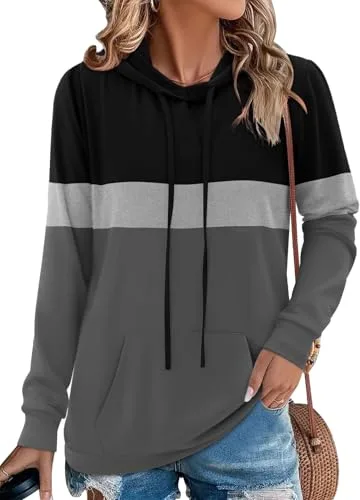 Chicrise Sudaderas con Capucha para Mujer, Cuello Redondo, Manga Larga, con Bolsillo, Sudadera con A Rayas, Punto Informal Negro Gris Mediano 38-40 M