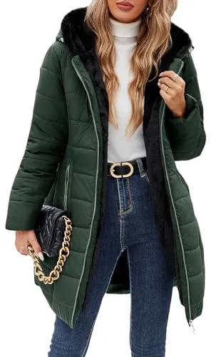 Yuson Girl Abrigo Parka Mujer Largo con Capucha Invierno Forro Polar Sherpa Chaqueta para Mujer Gruesa Abrigos de Piel Cremallera Cálido Jacket Resistente Agua Coat con Bolsillos(Verde militar, M)