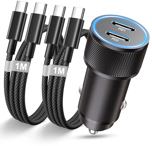 Cargador Coche USB C Carga Rapida, 60W Cargador Mechero Coche USB C Carga Rapida, Adaptador Movil Coche Mechero Coche a Enchufe Tipo C con 2X Cable USBC para Samsung S25 S24 S23,i-Phone 17 16 15 Pro