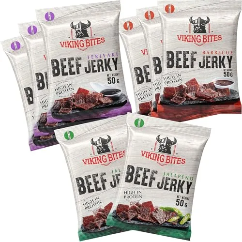 Viking Bites Beef Jerky, envase mixto de 400 g (8 x 50 g) - 3x Barbacoa, 3x Teriyaki, 2x Jalapeño - Cecina de ternera - Aperitivo de carne - Con un alto contenido de proteínas