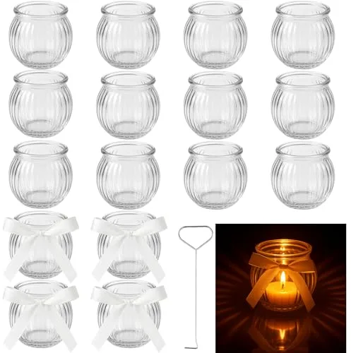 Ferenando 16 Portavelas Cristal con Cinta Blanca & Gancho Apagavelas, Ø5.2×H5.5cm Porta Velas Cristal Rayas Retro, Portavelas Decoracion para Bodas, San Valentín, Navidad, Cumpleaños y Fiesta