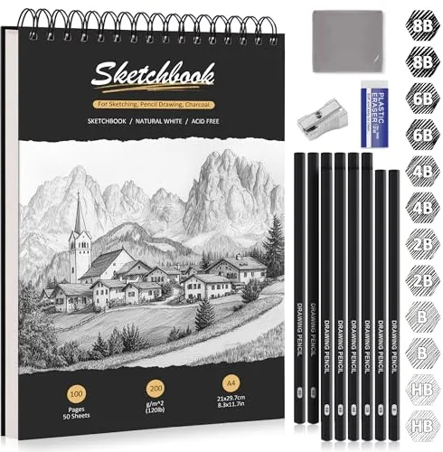 DazSpirit Cuaderno de Dibujo A4, Sketchbook con Tapa Dura y Papel Grueso 200g/m², 12 Lápices de Dibujo & Gomas, Bloc de Dibujo Espiral, 50 Hojas/100 Páginas, Perfecto para Lápices, Carbón, Pasteles