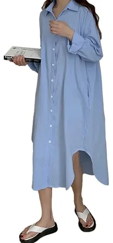 amropi Mujer Maxi Botones Camisa Vestido Suelto Manga Larga Blusa Cuello en V Casual Camisetas con Cinturón Azul, M