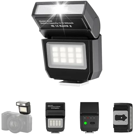 ULANZI SL03 Mini Flash para Cámara con Luz de Vídeo, Flash Externo GN8 6500K, Ángulo Ajustable de 90°, Compatible con Cámara réflex Digital Sony/Canon/Fuji/Nikon, Montura Universal de Zapata Caliente