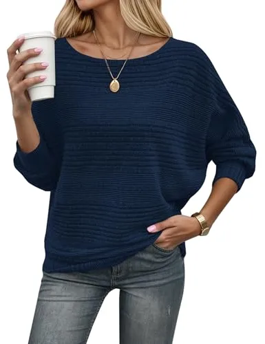 WNEEDU Jersey Mujer Otoño Invierno Ligero Punto con Hombros Descubiertos Mangas de MurciéLago Cuello Barco Elegante Suéter Azul Marino L
