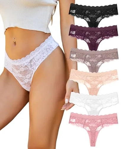 ALL OF SHE Tangas Sexy para Mujer de Encaje – Pack de 6 Lencería Elegante, Ropa Interior Mujer Suave y Elástica – Tallas M