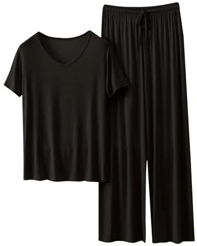 Mashaouyo Pijama de algodón para mujer, de manga corta, color rojo, conjunto de ropa de descanso, pantalones cortos, pijama para y camiseta, conjunto de pijama familiar a juego, Negro, L