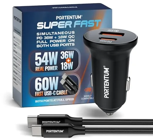 PORTENTUM Doble Cargador Coche Carga Rapida Simultánea 54W + 60W Cable USB C Fast Charge – USBC PD 36W + USBA QC 18W – Accesorio Mechero - para iPhone iPad Android Tablet Smarphone Galaxy Consola