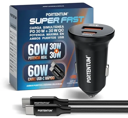 PORTENTUM Doble Cargador Coche Carga Rapida Simultanea 60W + Cable USB C Fast Charge 60 W – USBC PD 30W + USBA QC 30 W – Accesorio Mechero - para iPhone iPad Android Tablet Smarphone Galaxy Consola
