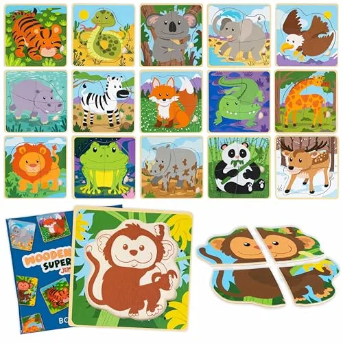 BONNYCO Pack 16 Puzzle Madera de 4 Piezas para Regalos Cumpleaños Niños Colegio 1 a 5 Años. Ideas Detalles Invitados, Juguetes Infantiles y Juegos Rompecabezas para Bebés Guardería