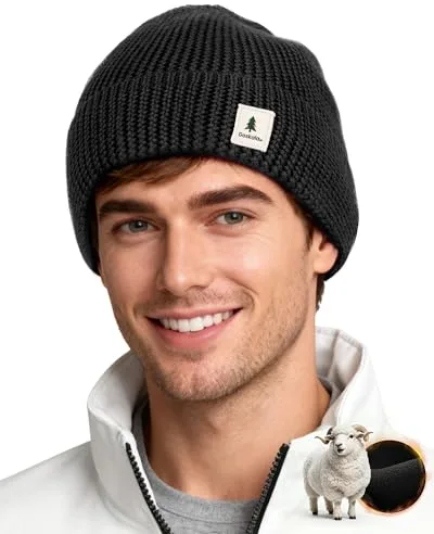 GoSkala Gorro Beanie Lana Merino Hombre con Forro Polar, Gorro de Punto, Gorro Invierno Hombre y Mujer, Negro