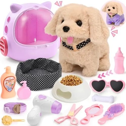 Tacobear Electrónico Perrito Juguete Ladra y Anda con Jaula Correa y Ropa, Peluche Animales Perro Robot Interactivo Juguete Niña 3 4 5 6 Años Regalo Cumpleaños Navidad