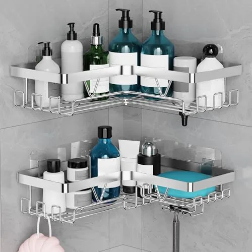 YIGII Estantería para Ducha Sin Taladro, 2 Piezas Estante Esquinero de Acero Inoxidable, Organizador Adhesivo para Baño para Champú, Gel de Ducha (Plateado)