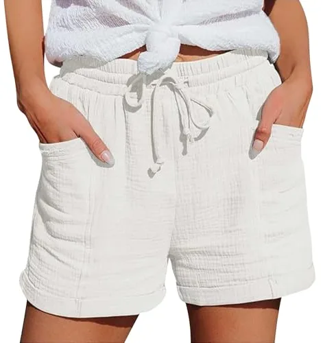 2025 Pantalones Cortos Mujer Verano Frescos Lino Algodon Shorts Cintura Elástica y Cordón Ajustable Casual Bolsillos Bermudas de Vestir Elegante Pantalones Cortos Sueltos para Playa Diario Yoga