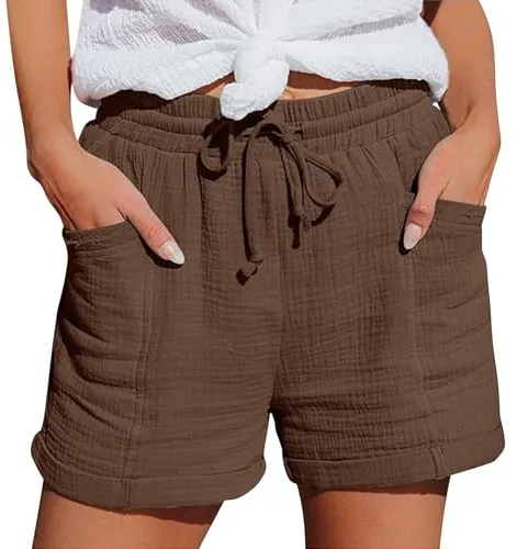 2025 Pantalones Cortos Mujer Verano Frescos Lino Algodon Shorts Cintura Elástica y Cordón Ajustable Casual Bolsillos Bermudas de Vestir Elegante Pantalones Cortos Sueltos para Playa Diario Yoga