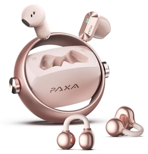 2 en 1 Doble Auriculares Inalámbricos Bluetooth 6.0 0 Latencia, Audifonos Deportivos Abiertos con Clip, 140H Autonomía, Reconocimiento L/R, Reducción Ruido Híbrido Trabajo/Deporte/Diario, Oro Rosa