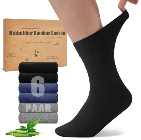 Niorasen Calcetines Diabeticos de Bambu, 6 Pares de Calcetines Diabéticos sin Goma ＆ sin Costuras, Socks de Bambú con Borde Cómodo para Hombre y Mujer
